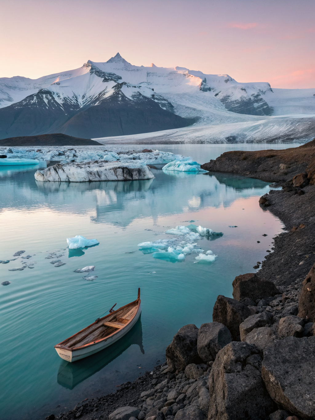 Blue glacial ice floating in calm dark water at sunrise