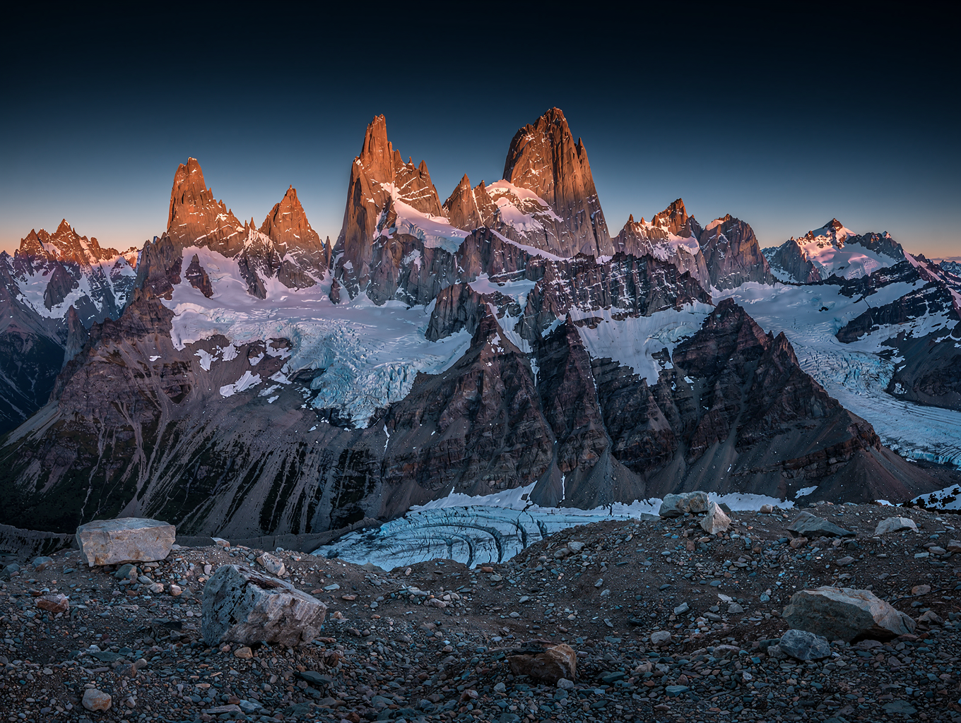 Granite horns under dramatic alpenglow in Patagonia